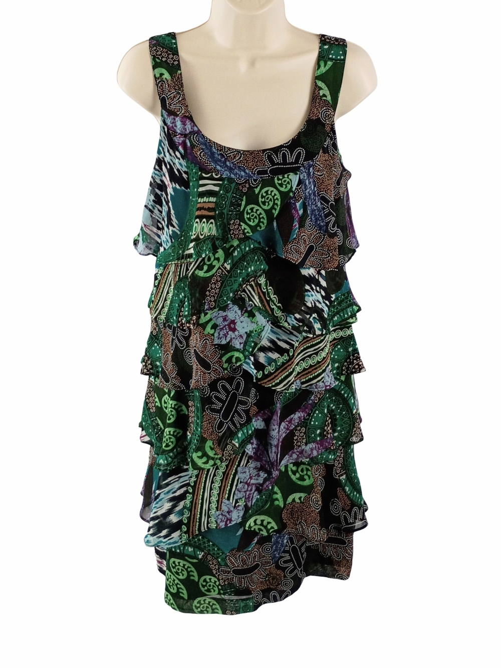 Robbie Bee Sleeveless Green Multi-Print Tiered Ruffle Dress
